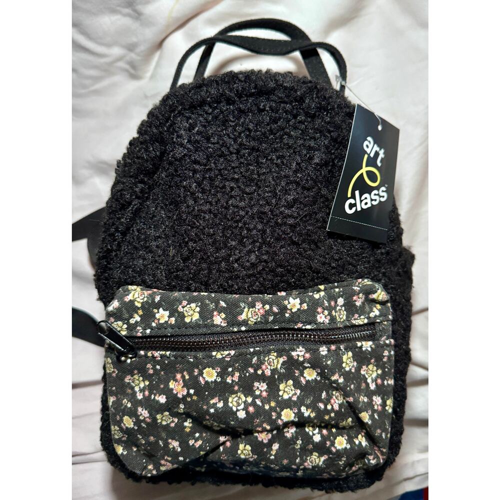 NWT Black Fuzzy Full Zip Adjustable Mini Backpack with outside flowers pocket